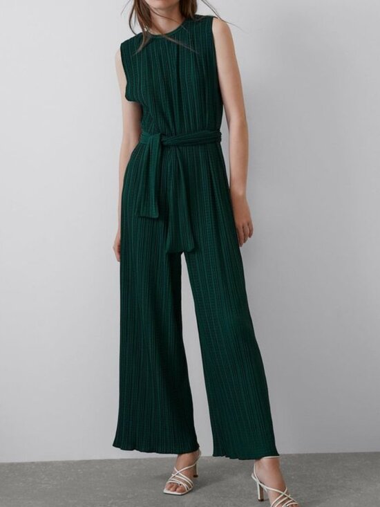 Zara Pants - Zara Wide Leg Waffle Belted Forest Green Jumpsuit Size M